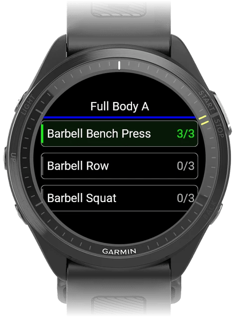 Garmin watch exercise list with all bench press sets done