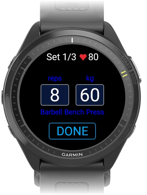 Garmin watch set entry screen with reps, weight, and a DONE button