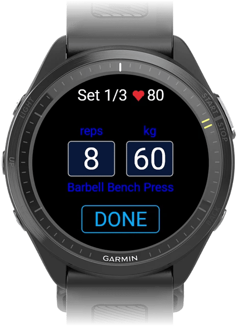 Garmin watch set entry screen with reps, weight, and a DONE button