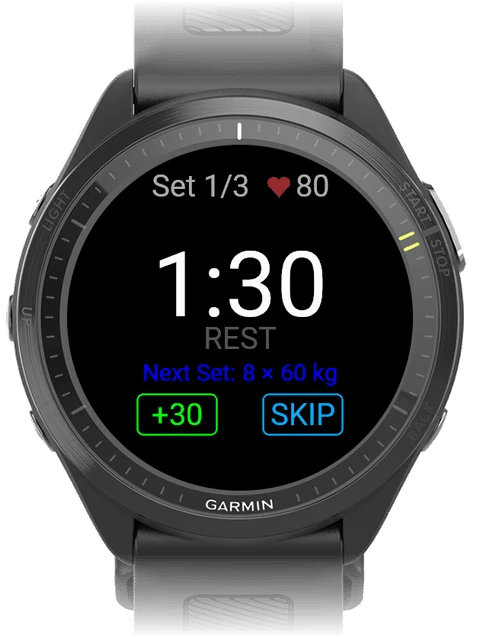 Garmin watch rest timer counting down from 1:30