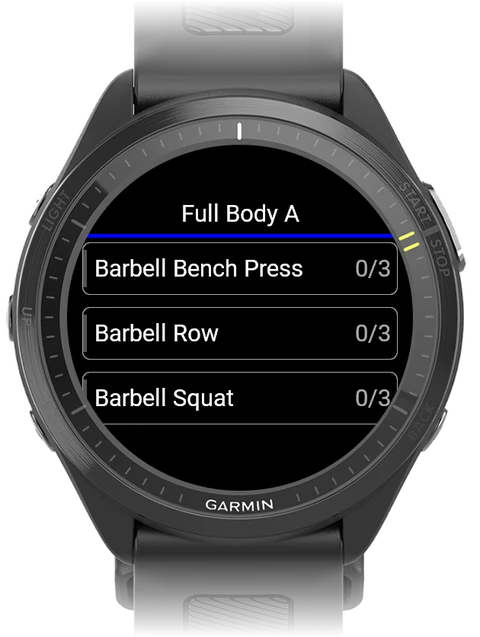 Garmin watch showing the routine's exercise list