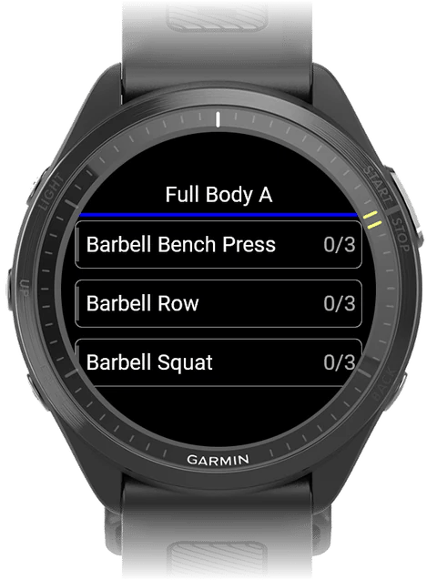 Garmin watch showing the routine's exercise list