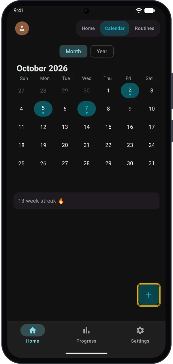 Calendar tab with the plus button highlighted