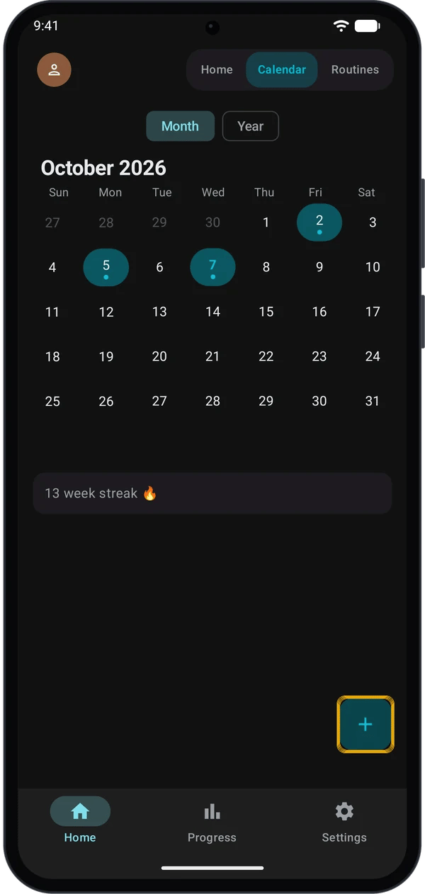 Calendar tab with the plus button highlighted