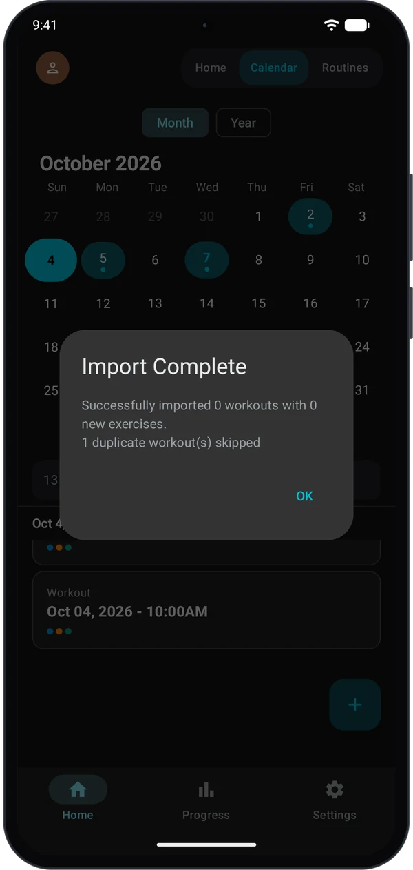 Import Complete dialog with the line 1 duplicate workout(s) skipped