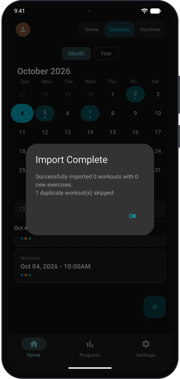 Import Complete dialog with the line 1 duplicate workout(s) skipped