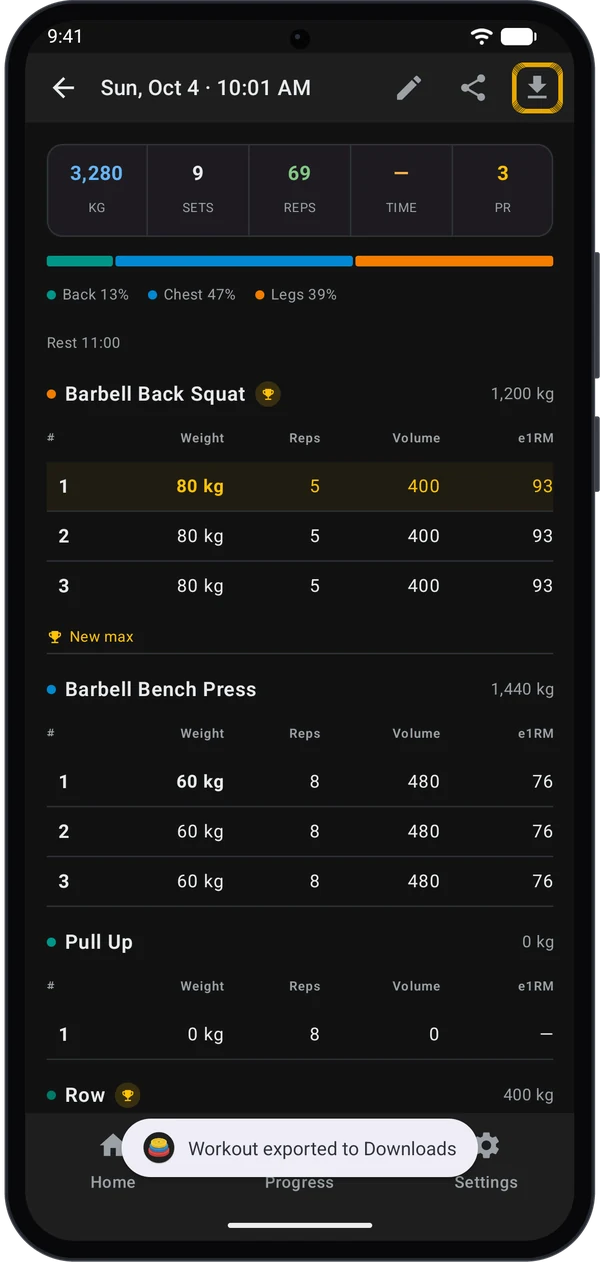Workout detail with the download icon highlighted and the message Workout exported to Downloads