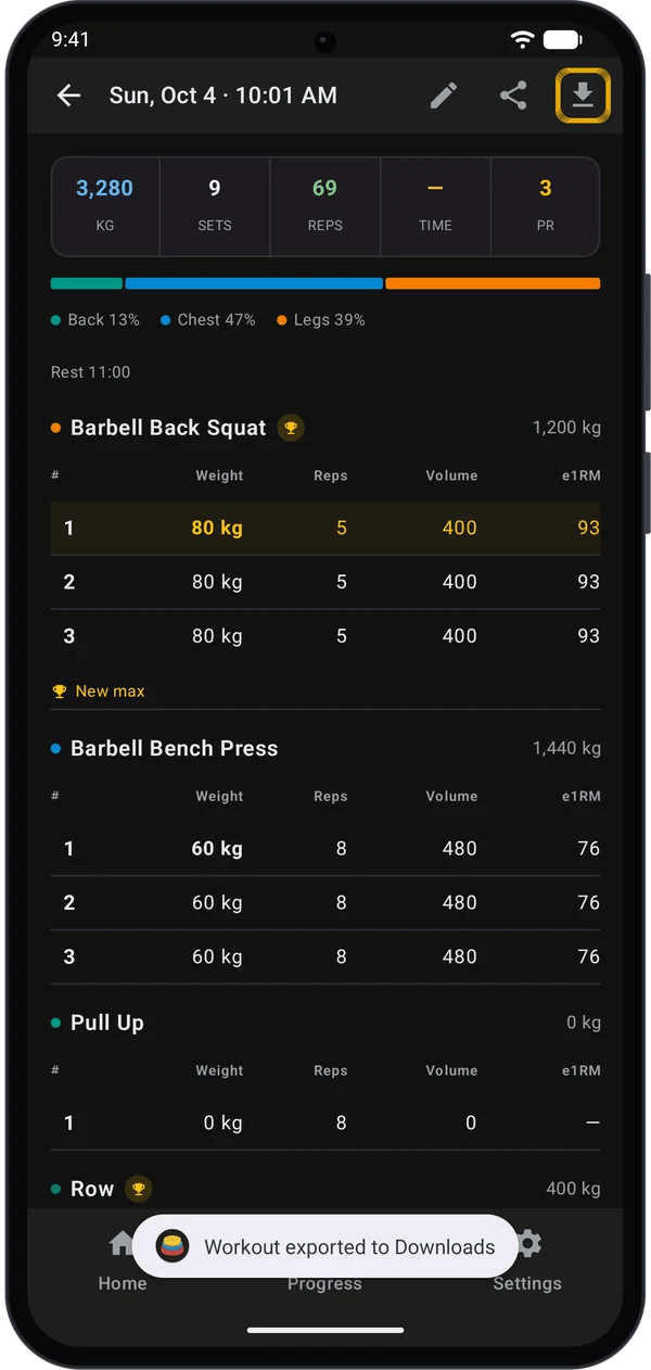 Workout detail with the download icon highlighted and the message Workout exported to Downloads