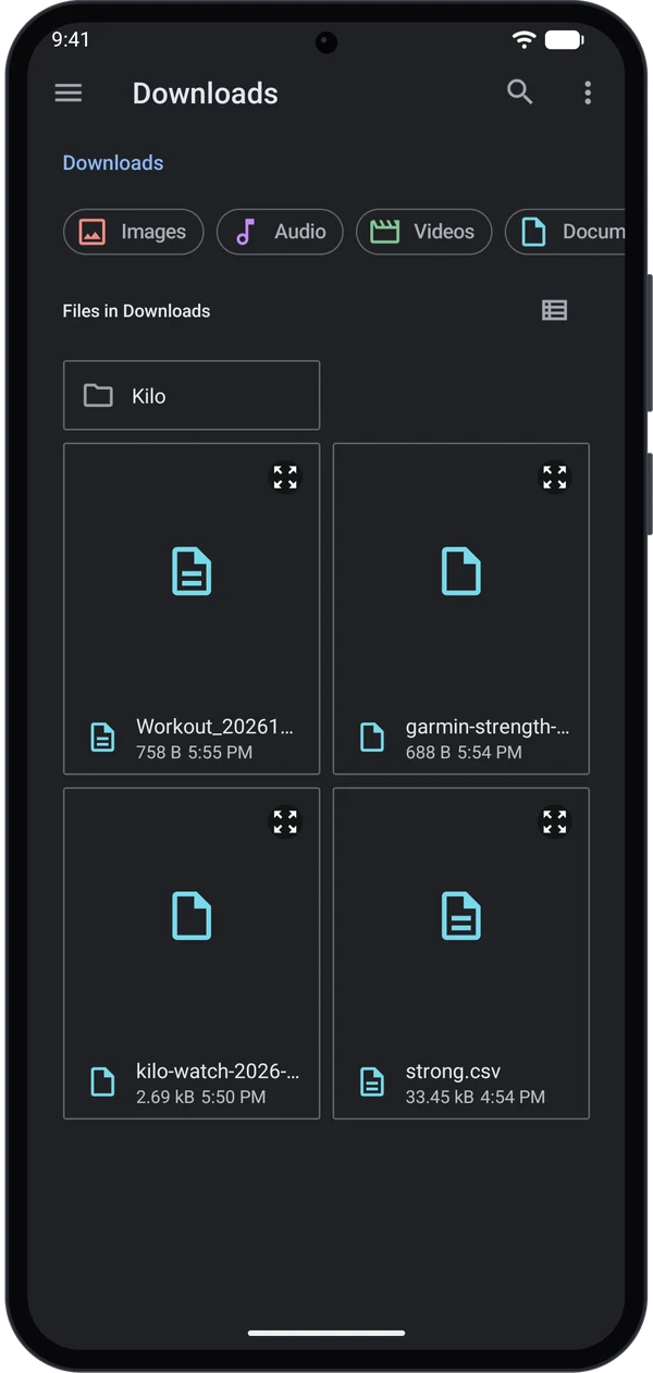 Android file picker showing a Garmin .fit file and a Kilo CSV in Downloads
