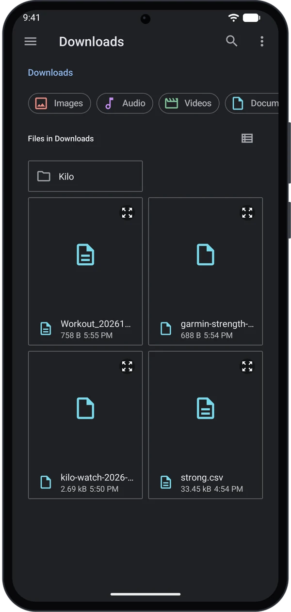 Android file picker showing a Garmin .fit file and a Kilo CSV in Downloads
