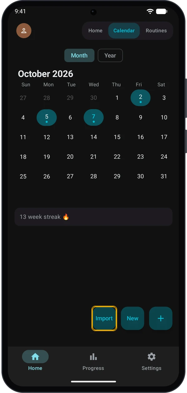 Plus menu open with the Import button highlighted