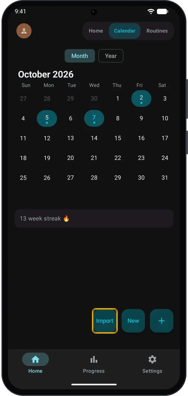 Plus menu open with the Import button highlighted