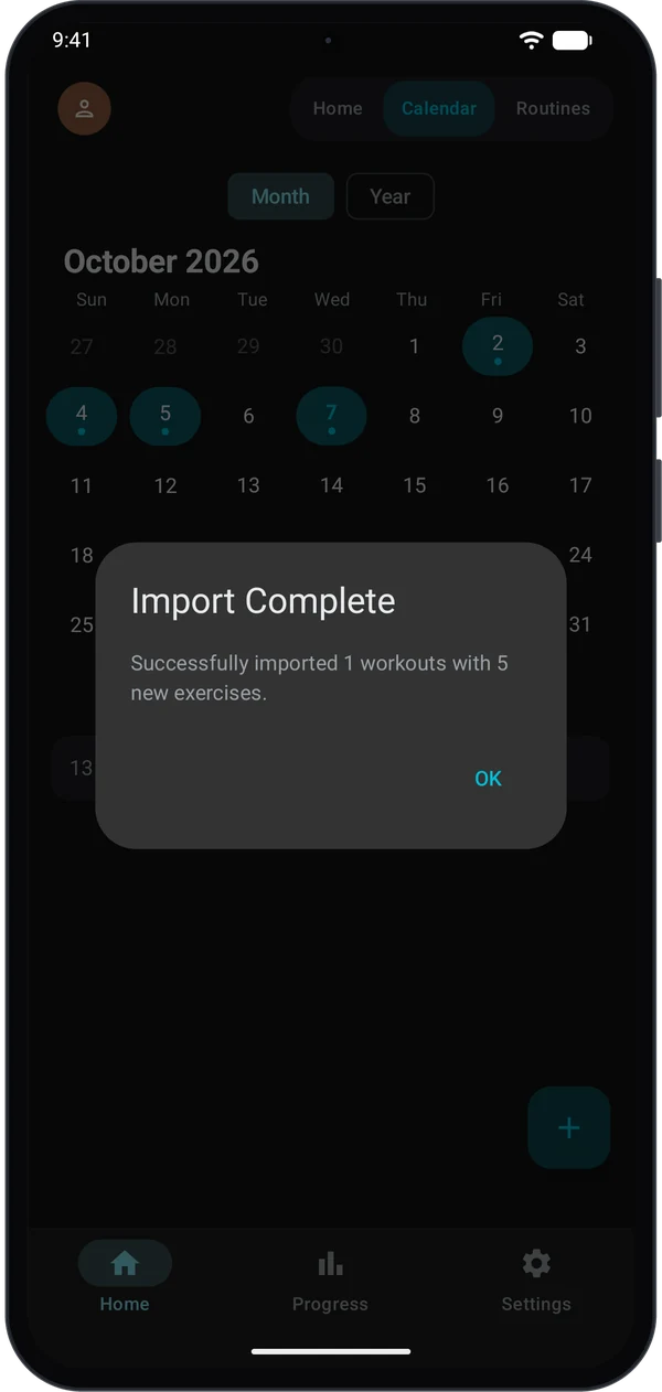 Import Complete dialog: Successfully imported 1 workouts with 5 new exercises