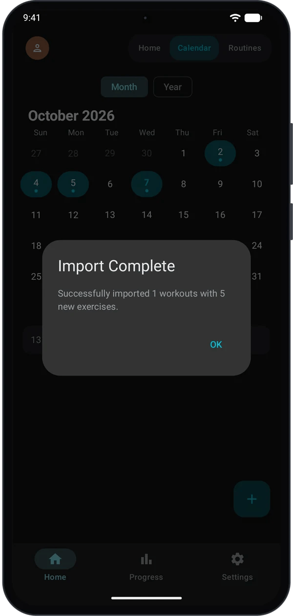 Import Complete dialog: Successfully imported 1 workouts with 5 new exercises