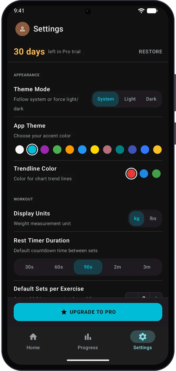 Settings screen with 30 days left in Pro trial at the top and an Upgrade to Pro button at the bottom