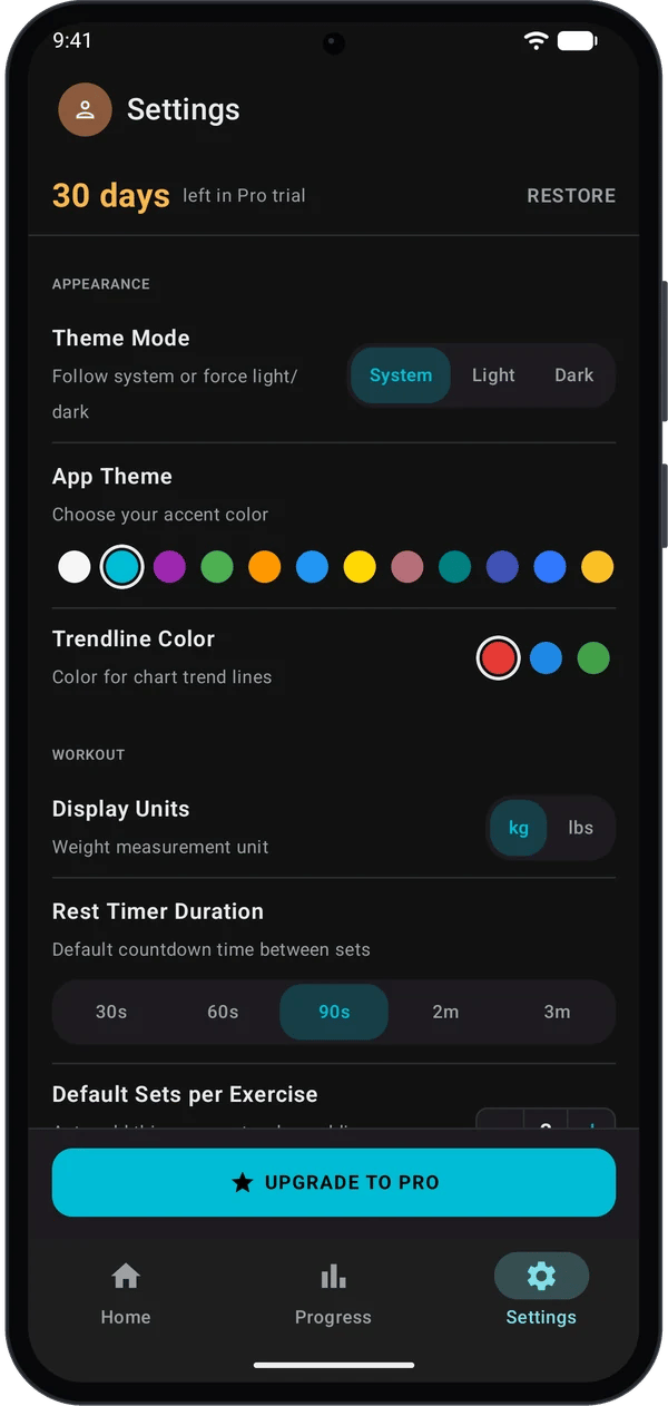 Settings screen with 30 days left in Pro trial at the top and an Upgrade to Pro button at the bottom