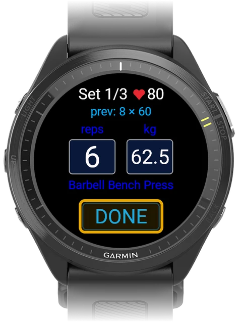 Set entry screen with the DONE button highlighted