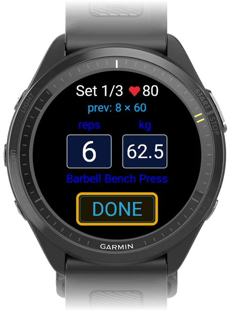 Set entry screen with the DONE button highlighted