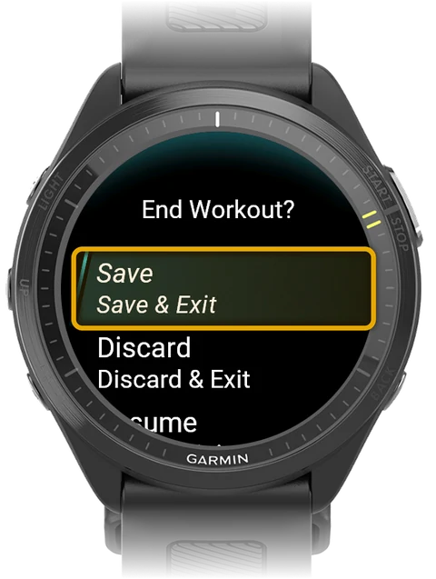 End Workout? menu with Save highlighted