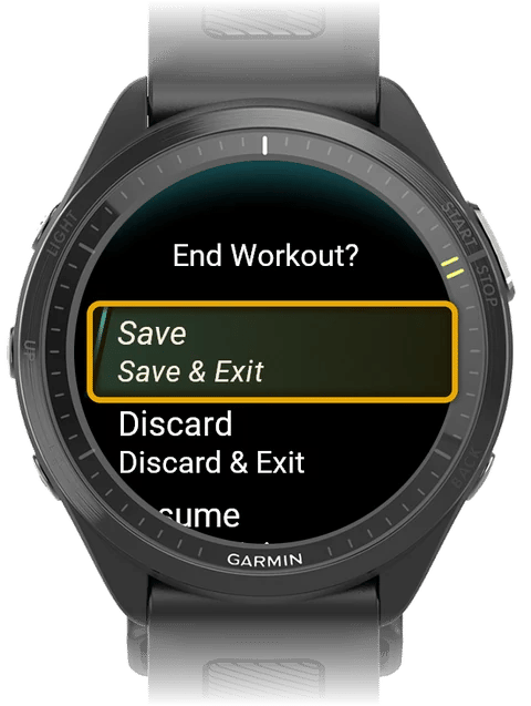 End Workout? menu with Save highlighted