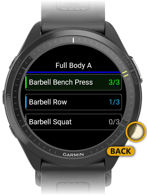 Exercise list with the Back button on the watch highlighted