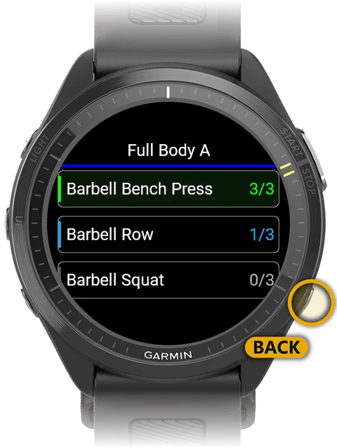 Exercise list with the Back button on the watch highlighted