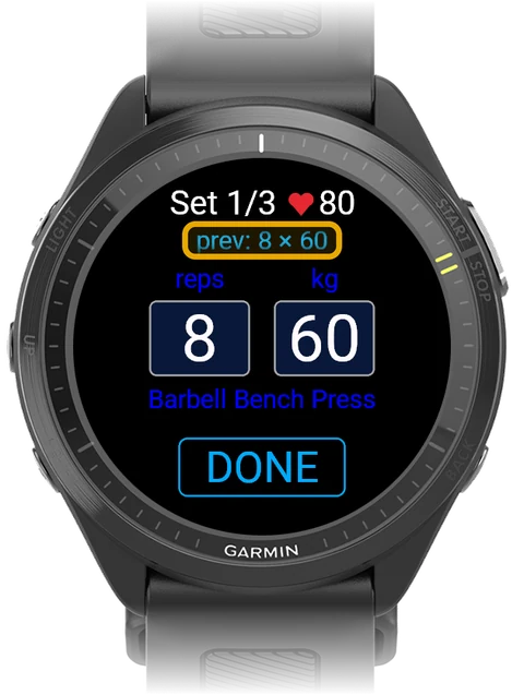 Set entry screen with the blue prev: 8 × 60 line highlighted