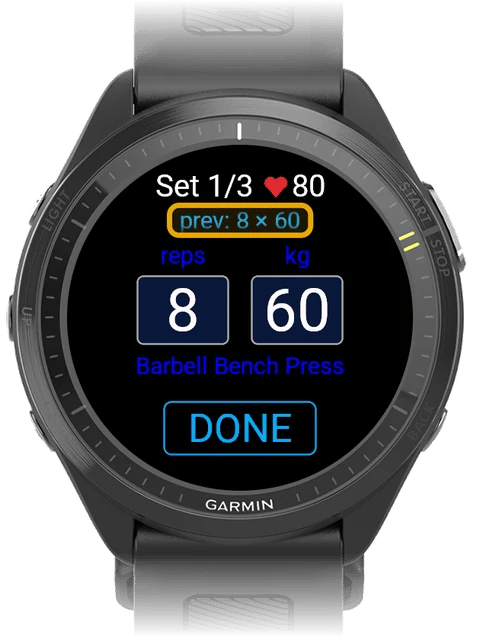 Set entry screen with the blue prev: 8 × 60 line highlighted