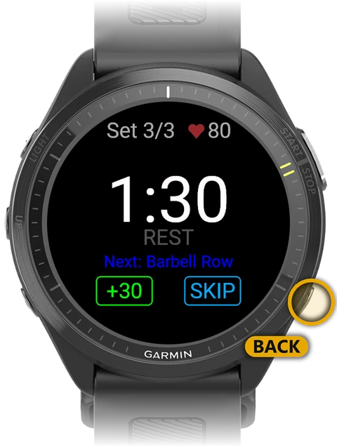 Rest timer with the Back button on the watch highlighted