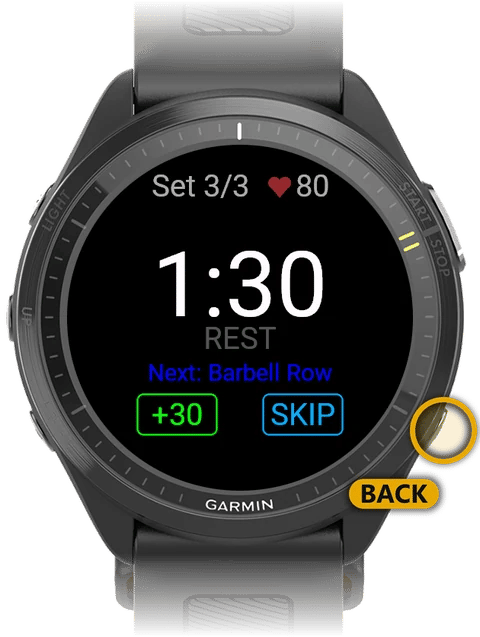 Rest timer with the Back button on the watch highlighted