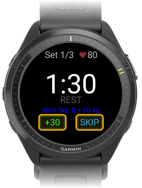Rest timer at 1:30 with the +30 and SKIP buttons highlighted