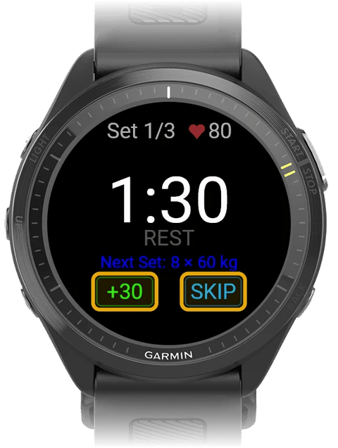 Rest timer at 1:30 with the +30 and SKIP buttons highlighted