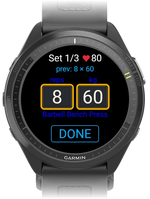 Set entry screen with the reps and weight boxes highlighted