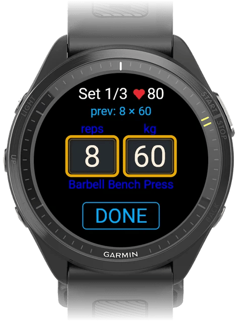Set entry screen with the reps and weight boxes highlighted