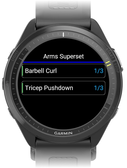 Exercise list with Barbell Curl and Tricep Pushdown marked as a superset