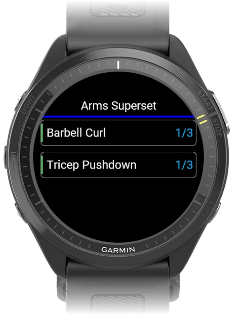 Exercise list with Barbell Curl and Tricep Pushdown marked as a superset