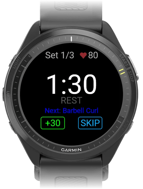 Rest timer after the superset showing Next: Barbell Curl