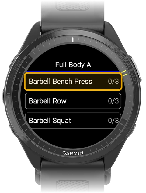 Exercise list with Barbell Bench Press highlighted as the tap target