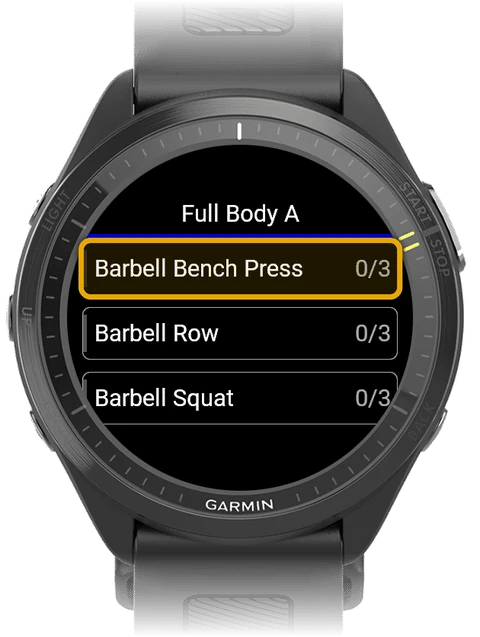 Exercise list with Barbell Bench Press highlighted as the tap target