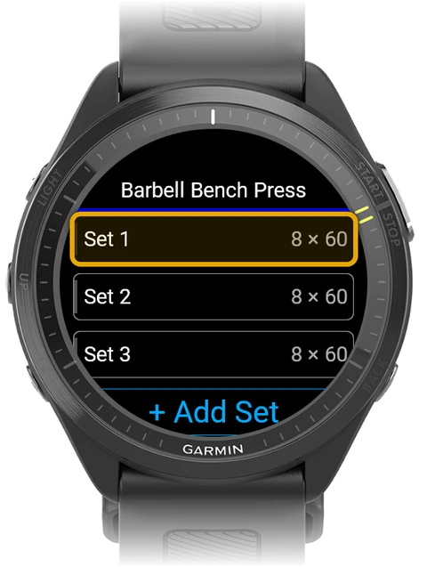 Set list for Barbell Bench Press with Set 1 highlighted as the tap target