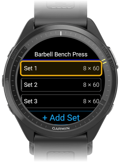 Set list for Barbell Bench Press with Set 1 highlighted as the tap target