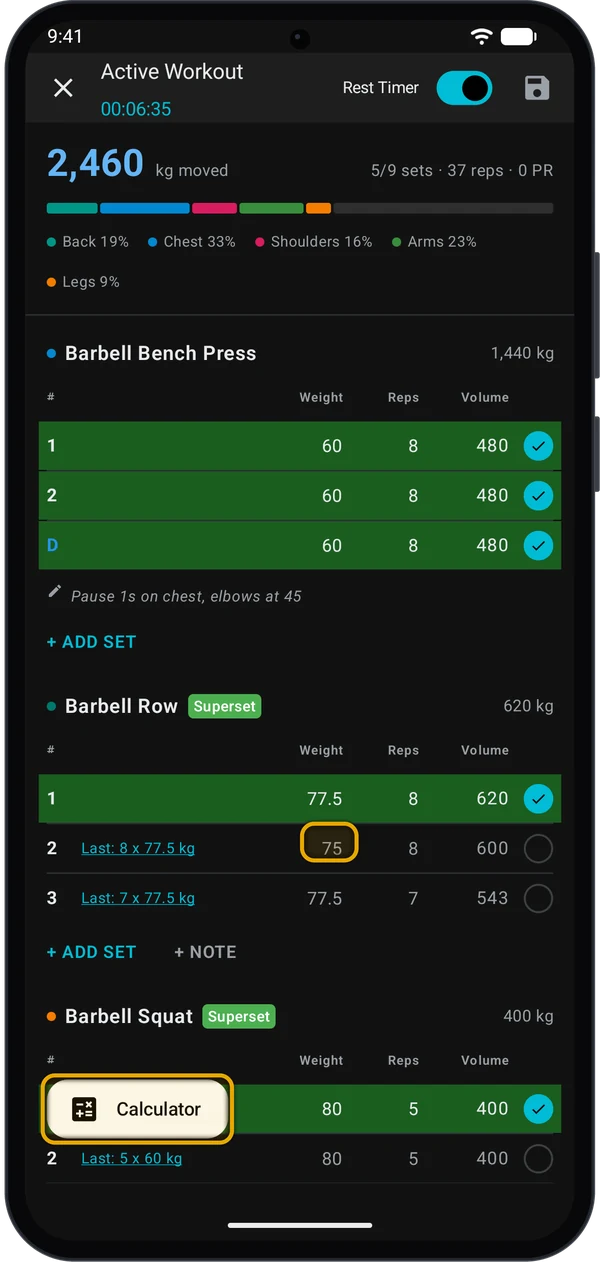 Calculator button above a focused weight field in the Active Workout screen