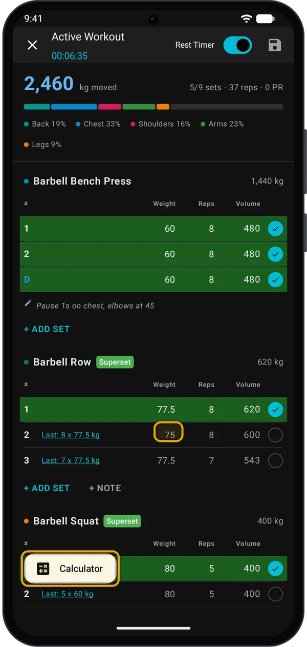Calculator button above a focused weight field in the Active Workout screen