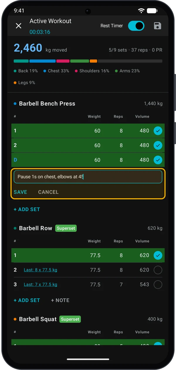Note field under Barbell Bench Press with SAVE and CANCEL