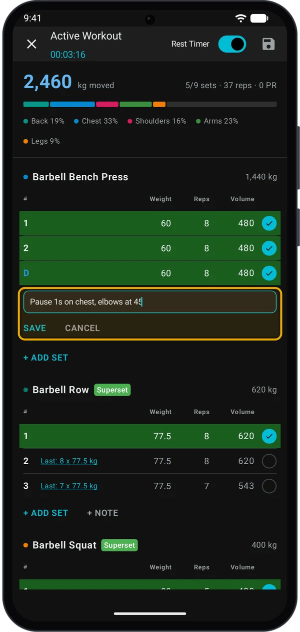 Note field under Barbell Bench Press with SAVE and CANCEL