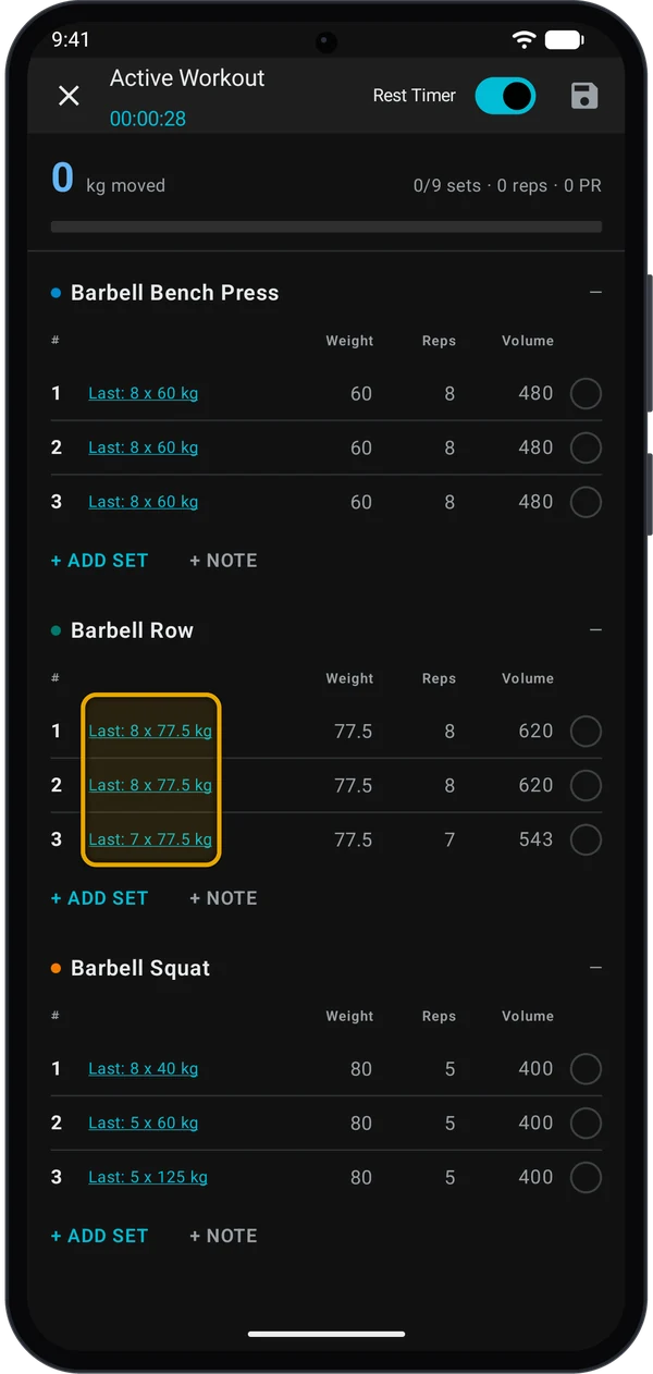 Barbell Row sets filled with 77.5 kg after tapping the Last hints, which are highlighted