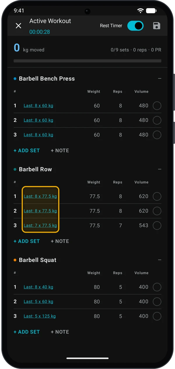 Barbell Row sets filled with 77.5 kg after tapping the Last hints, which are highlighted