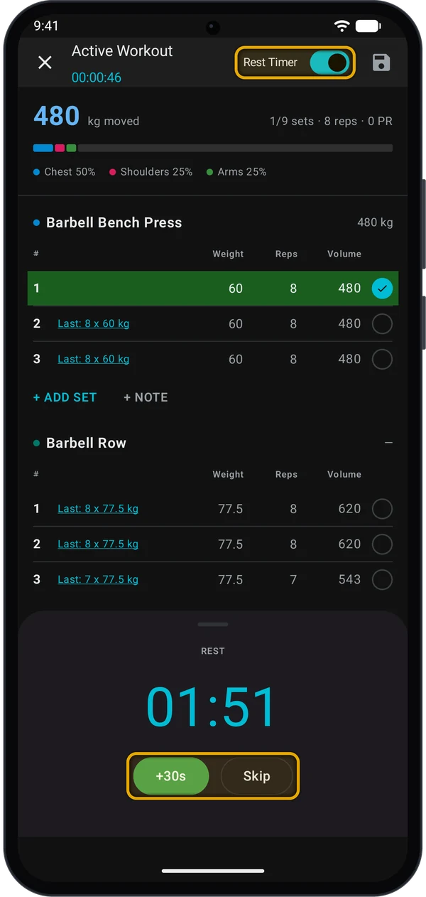 Rest countdown at 01:51 with the Rest Timer switch, +30s and Skip highlighted