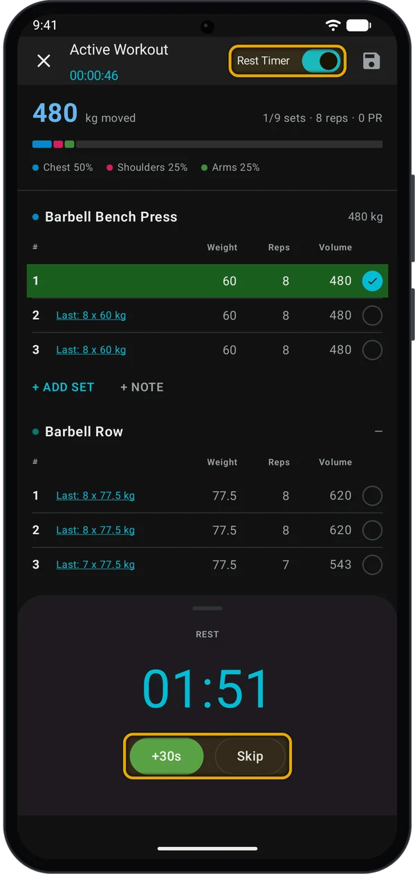 Rest countdown at 01:51 with the Rest Timer switch, +30s and Skip highlighted