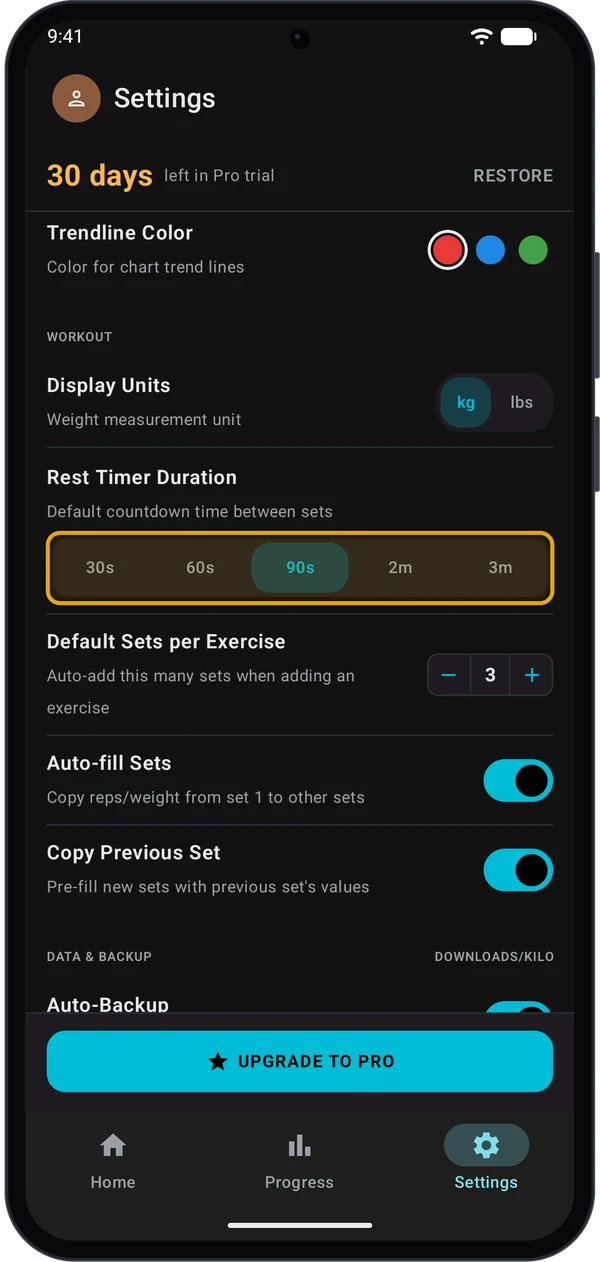 Settings WORKOUT section with Rest Timer Duration options highlighted